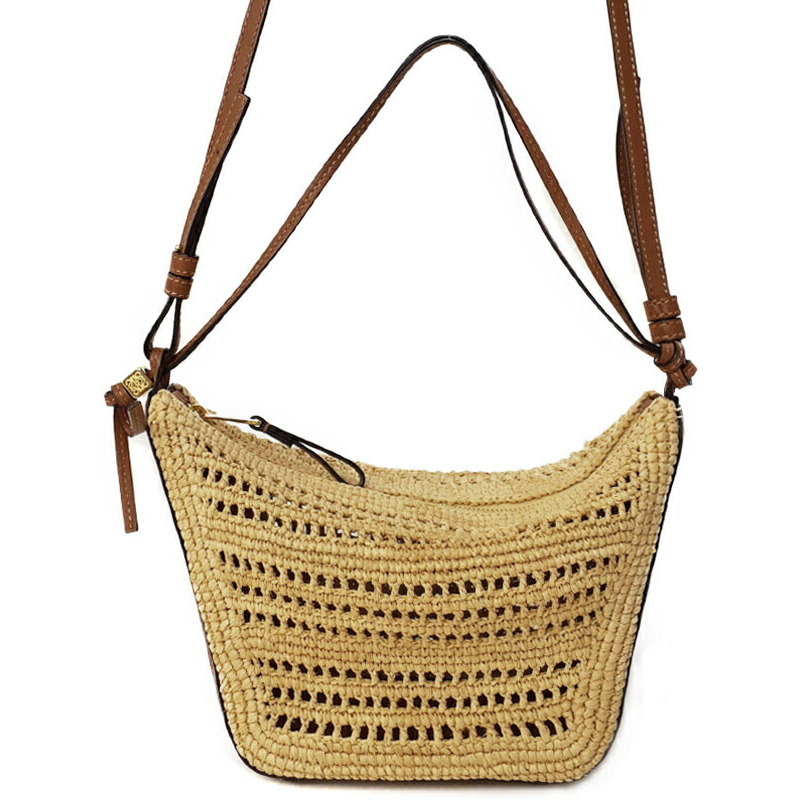 Loewe Paula Ibiza Hammock Hobo Bag Raffia Tan Calfskin Leather